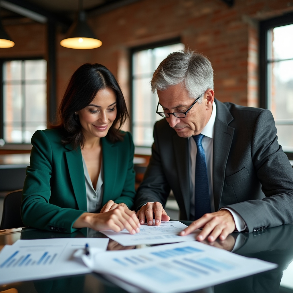 Communication team reviewing financial documents in a professional office setting