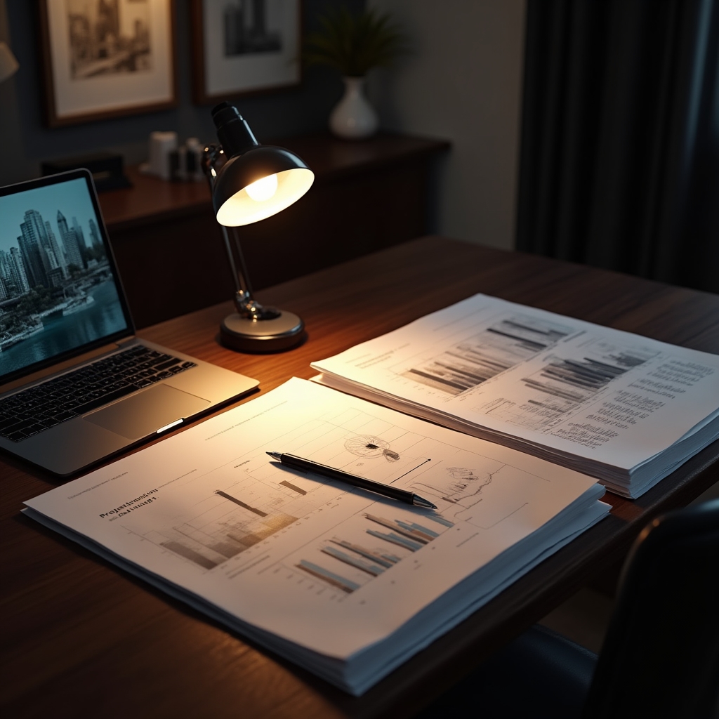 Financial documents and architectural blueprints on a professional desk