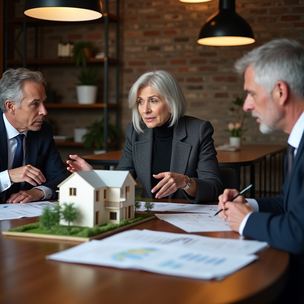 Professional investment meeting with architectural models and financial projections on table