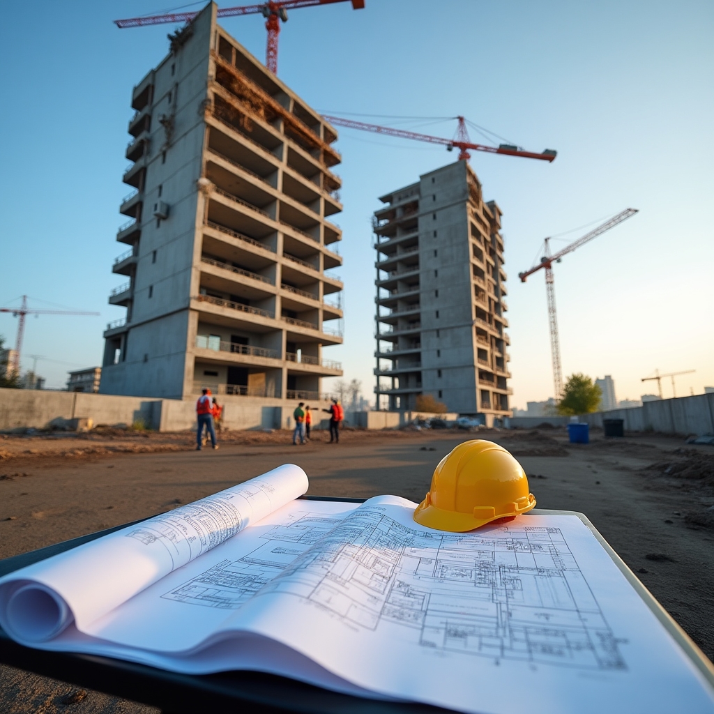 Modern residential development construction site in Argentina with urban backdrop
