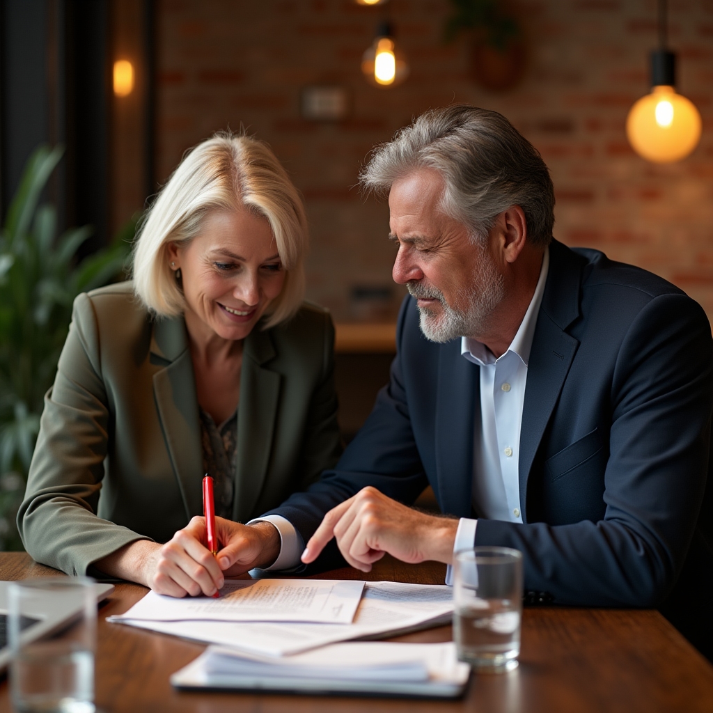 Professional team reviewing and annotating financial documentation at a well-lit conference table