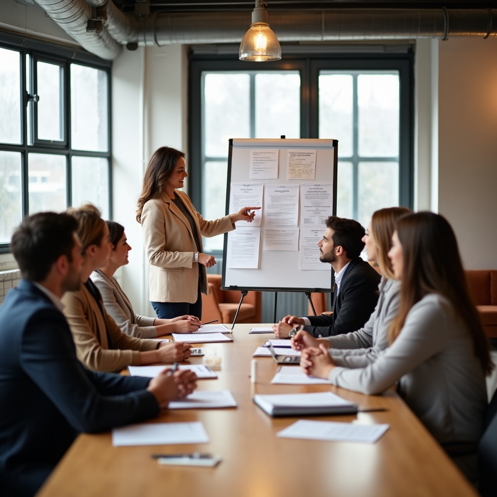 Professional training workshop with participants seated around a table reviewing printed materials in a bright modern space
