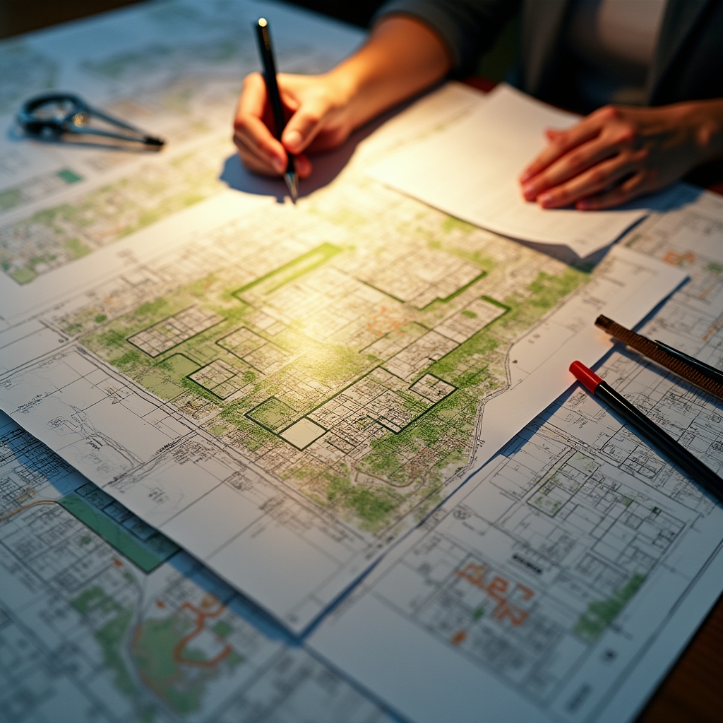 Urban planning documents and city maps spread on a large table in a professional environment
